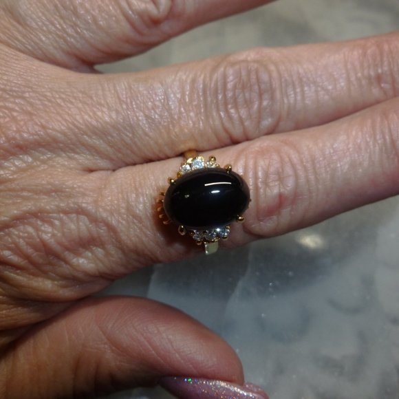 18k Yellow Gold EP Onyx Cubic Zirconia Dolphin Ore Ring - Picture 7 of 13